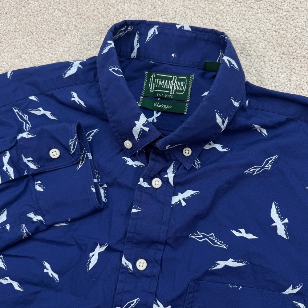 Gitman Bros Mens L Button Down Shirt Blue Bird Print Vintage Made in USA